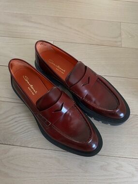 Santoni Burgundy Leather Penny Loafers with Black Sole